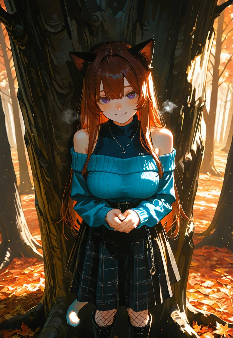 Повномірна ілюстрація аніме-персонажа – дівчини-кішки з довгим каштановим волоссям і фіолетовими очима, одягненої в блакитний светр, що оголює плече, і картату спідницю, яка стоїть в осінньому лісі перед великим деревом.
