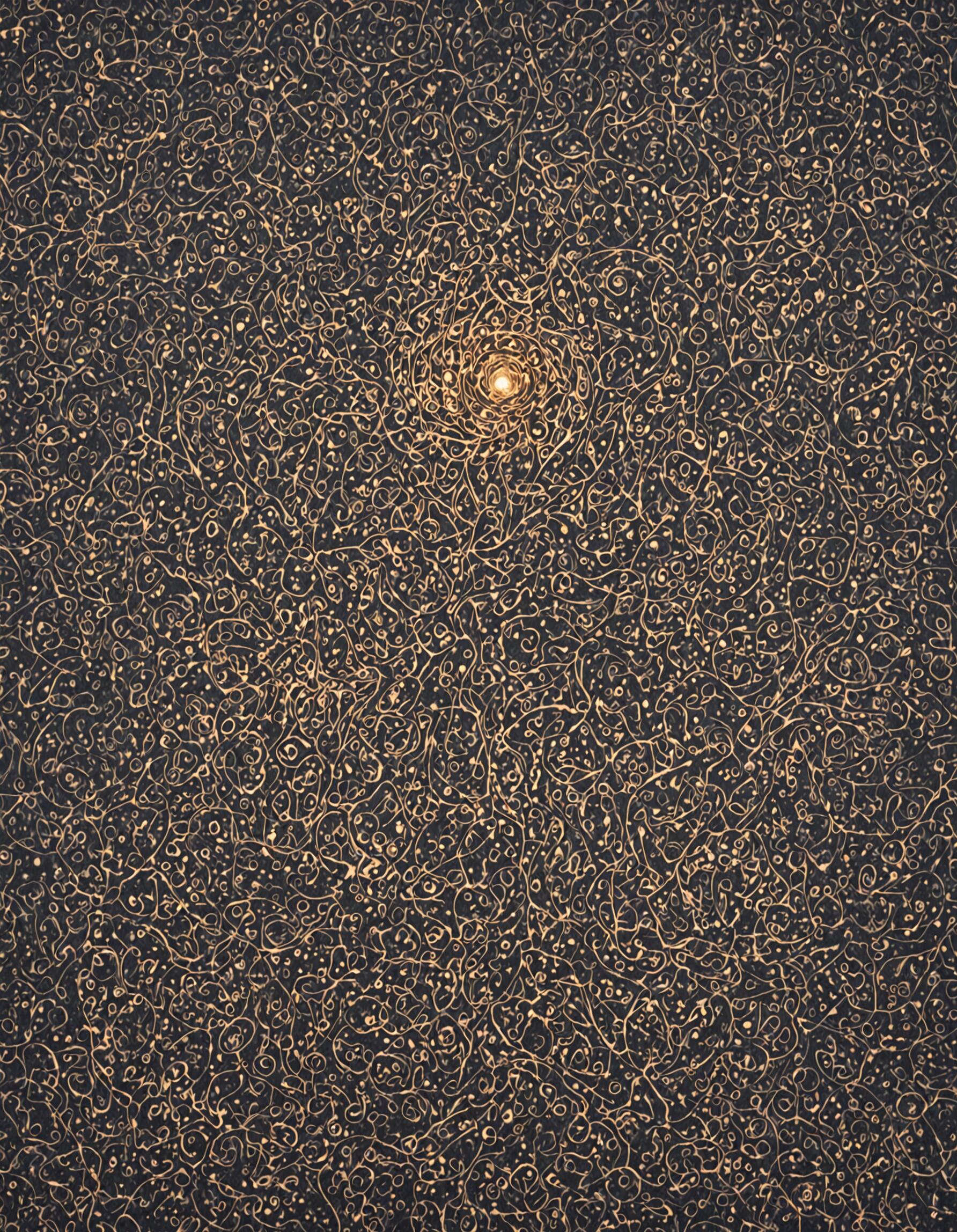Абстрактна картина з темним фоном, на якому зображено густу, складну мережу з витіючих золотистих ліній і крапок. У верхній центральній частині розташована одна яскрава, сяюча сфера світла, яка є центральним елементом композиції.