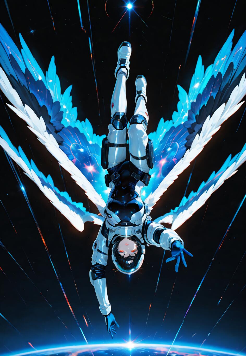 Фуджімару Ріцука з гри Fate/Grand Order в образі астронавта з великими синіми та білими крилами, що ширяє догори ногами в космосі над планетою і простягає руку до глядача.