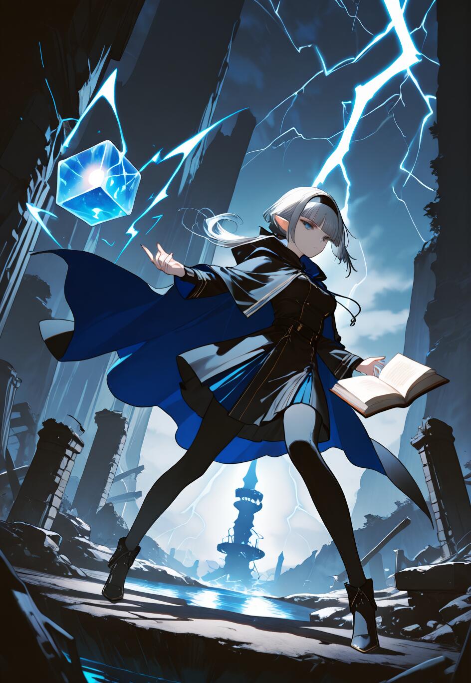 Повномірна ілюстрація сріблястоволосої ельфійки в темно-синьому плащі та чорному вбранні, яка стоїть у владній позі на тлі зруйнованого пейзажу. Вона тримає книгу і накладає заклинання на плаваючий синій куб, а позаду неї, на похмурому небі, проносяться блискавки.
