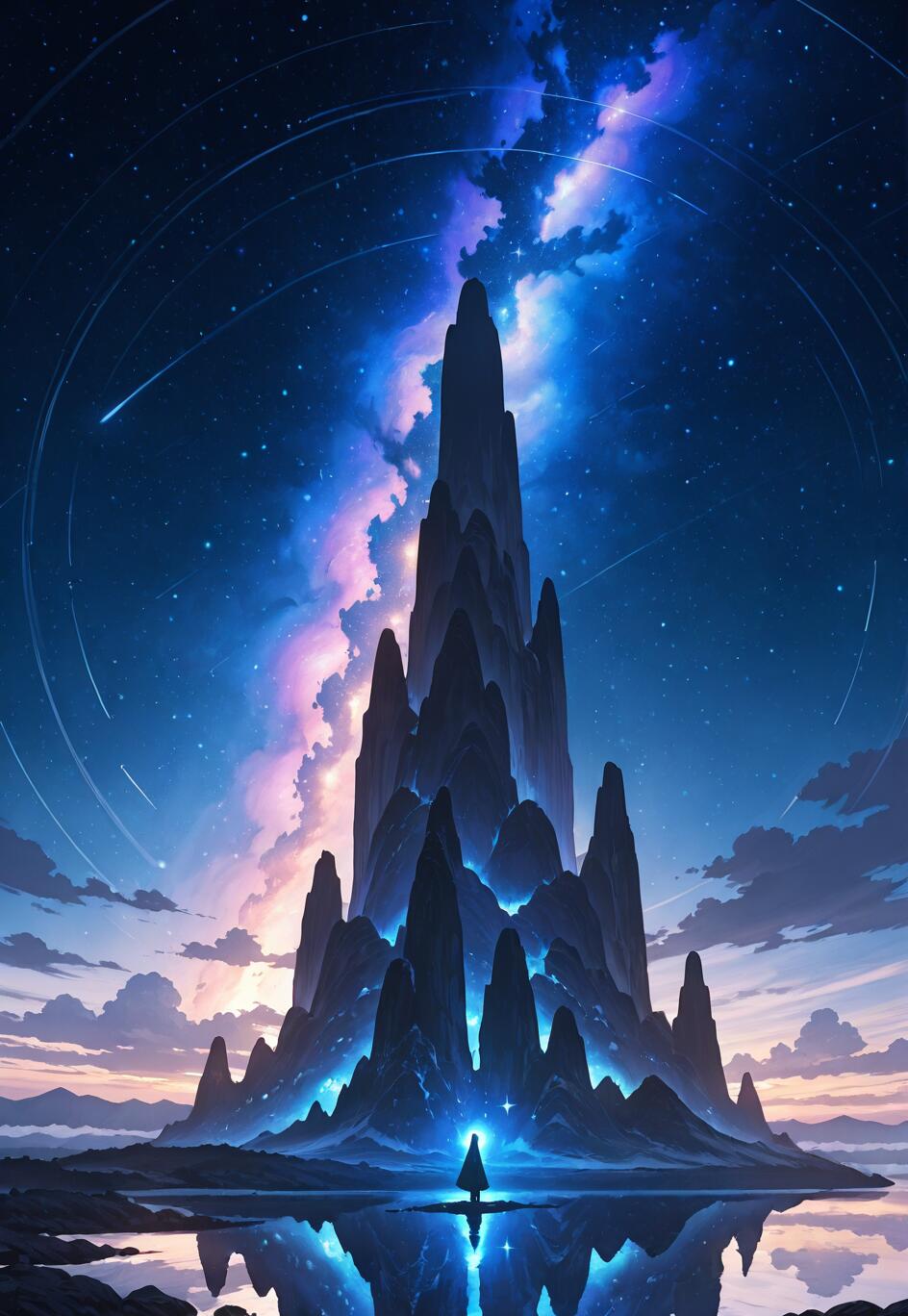 Самотня постать у плащі стоїть перед великою, зубчастою горою під барвистим, зоряним нічним небом, де видніється туманність, і все це відбивається у спокійній воді внизу.