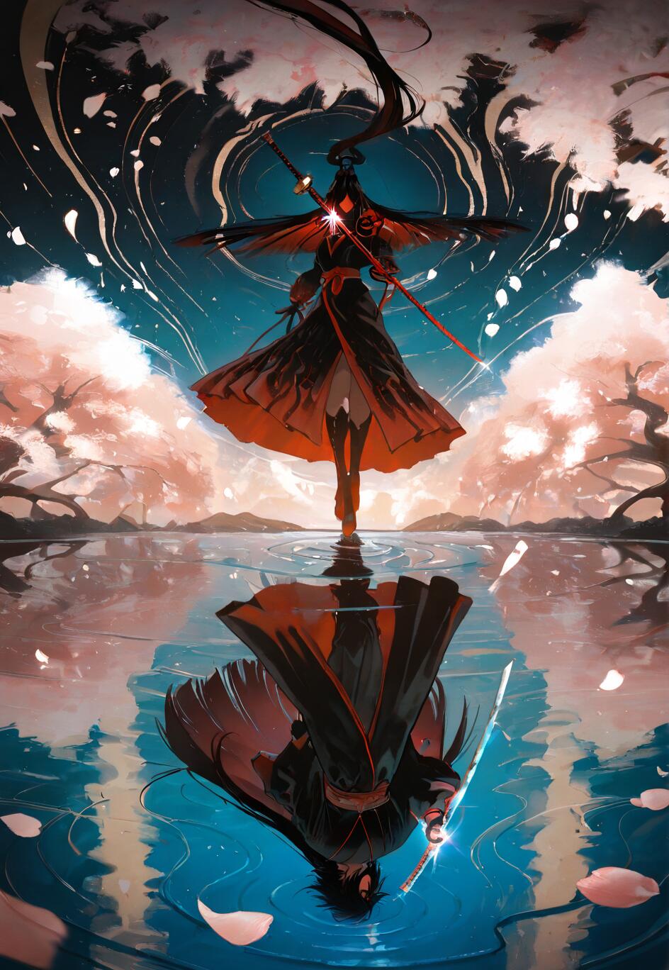 Ілюстрація в стилі аніме, на якій зображено Саске Учіху з аніме «Наруто», що стоїть на воді під нічним небом, а навколо – дерева сакури. Його відображення у воді показує його справжнє обличчя, створюючи тему двоїстості.