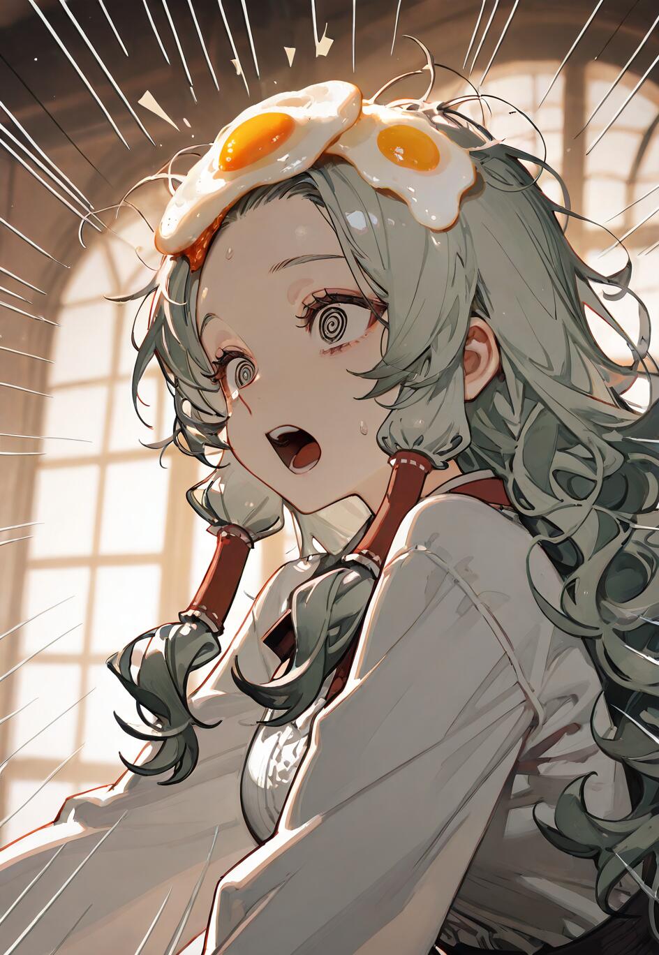 Дівчина в стилі аніме з хвилястим світло-зеленим волоссям і спіральними очима, яка виглядає шокованою, широко розкривши рот, а на її голові лежать дві смажені яйця.