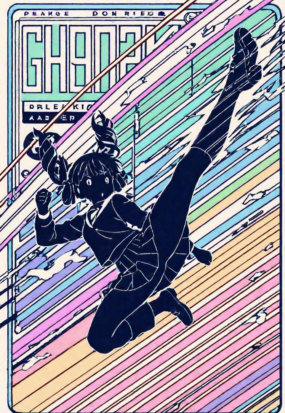 Цифрова ілюстрація в стилі аніме, на якій зображено силует школярки з двома кісками, що виконує високий удар ногою. Її контур виділено білим кольором на тлі кольорових діагональних пастельних смуг, що створює враження швидкості та руху.