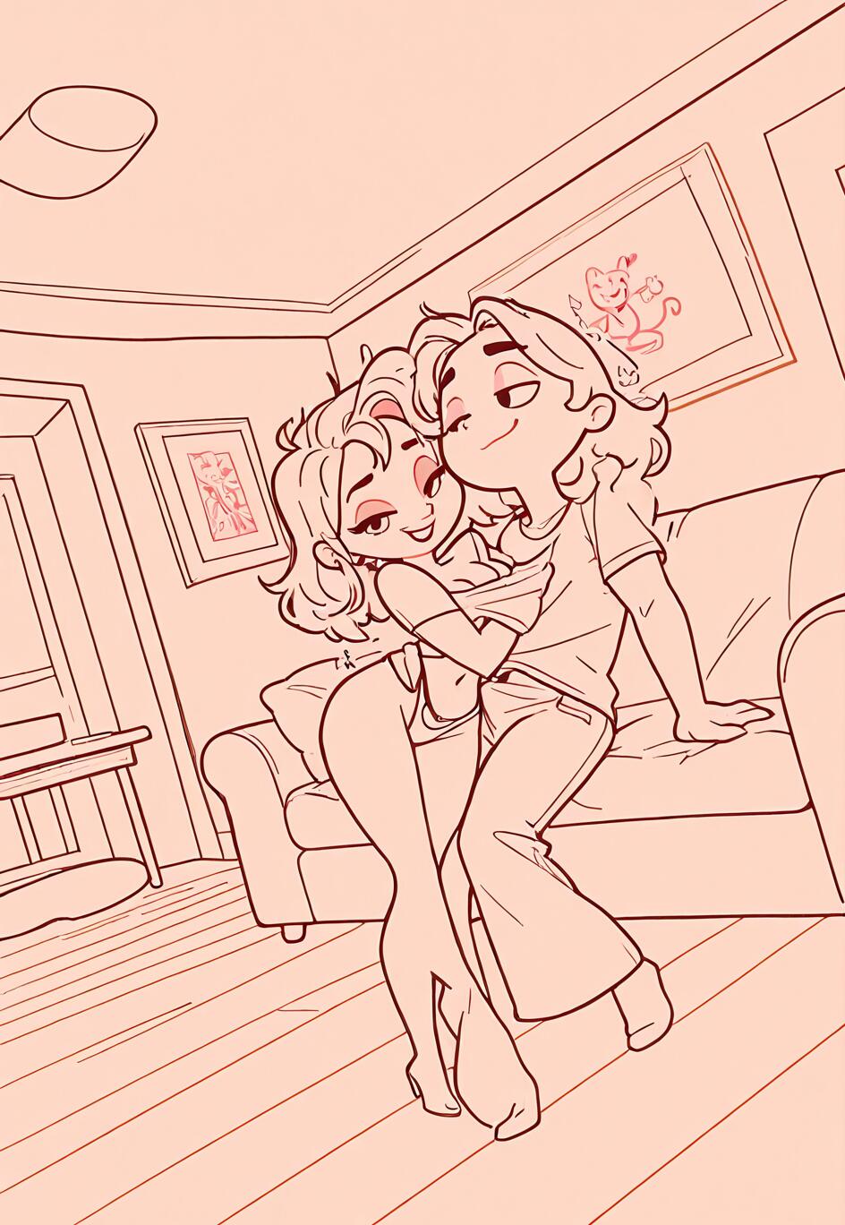 Мультяшний лінійний малюнок, на якому зображено чоловіка та жінку, що грайливо обіймаються у вітальні. Чоловік сидить на підлокітнику дивана і піднімає верхній одяг жінки, яка стоїть перед ним, обидва усміхаються один одному.