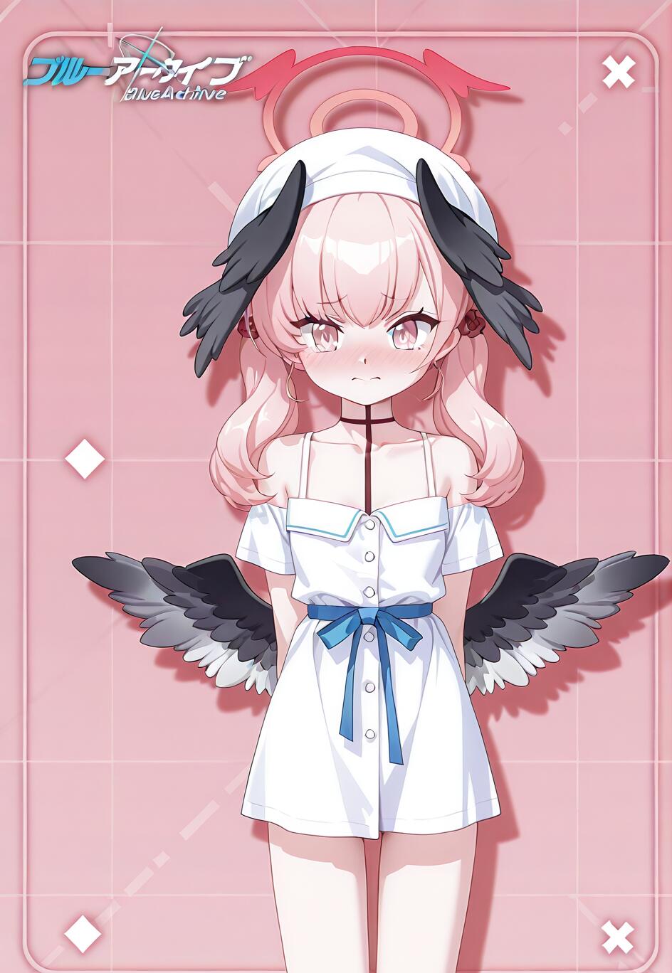 Повномірна ілюстрація персонажа Шімое Кохару з гри Blue Archive. У неї рожеве волосся, і вона одягнена в білу літню сукню з блакитною стрічкою, дивиться на глядача з дещо збентеженим виразом обличчя на рожевому тлі.