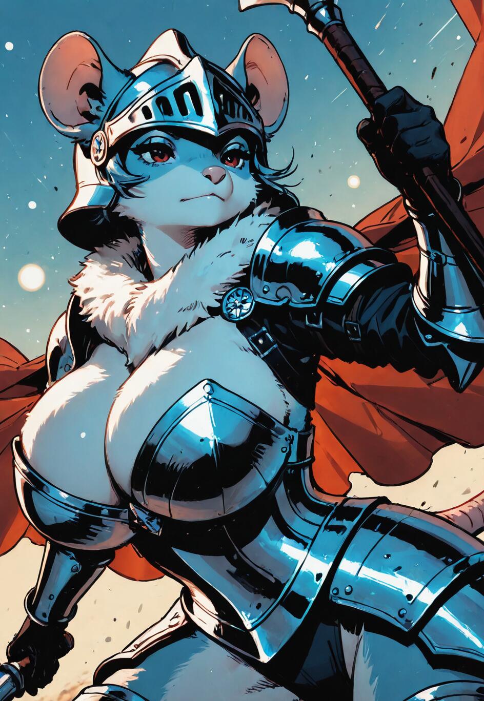 Цифровий малюнок, на якому зображено антропоморфну мишу-воїнку, одягнену в повний комплект пластинчастих обладунків і шолом. Вона тримає в руках булаву, а за її спиною майорить червона накидка. На її обличчі вираз рішучості.