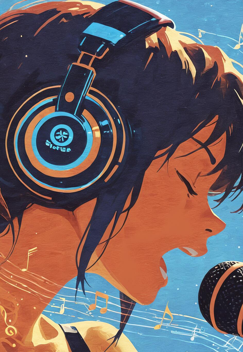 Стилізований, мальовничий портрет молодої жінки з темним волоссям, на ній великі навушники, вона співає із заплющеними очима в мікрофон на тлі синього кольору, де зображено музичні ноти.