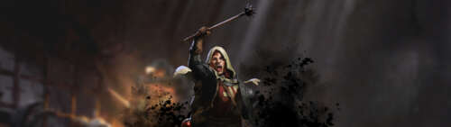 Темний фентезійний персонаж у важких середньовічних обладунках, що стоїть у напівтемному...