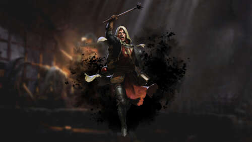 Темний фентезійний персонаж у важких середньовічних обладунках, що стоїть у напівтемному... 8K