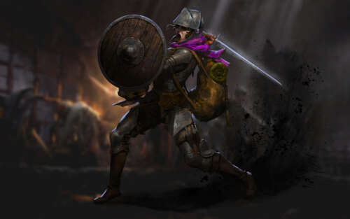 Озброєний до зубів герой-фантаст, який тримає ліхтар у темному кам’яному коридорі...