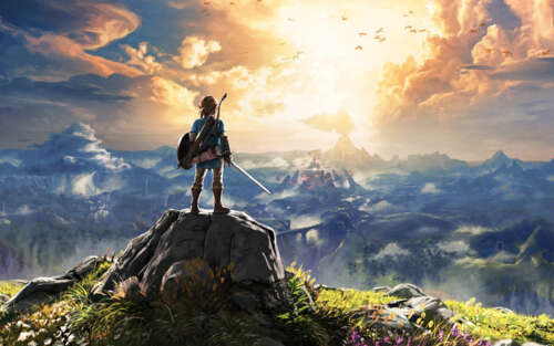 Лінк із гри «The Legend of Zelda: Breath of the Wild» оглядає розлогі краєвиди Хайрула. 7680x4800