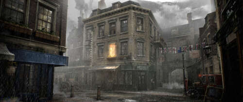 Похмура, дощова вулиця в Лондоні, на якій розташована будівля в вікторіанському стилі,...