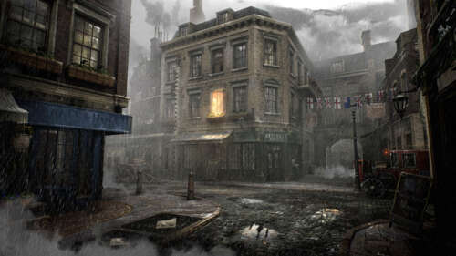 Похмура, дощова вулиця в Лондоні, на якій розташована будівля в вікторіанському стилі,... 8K