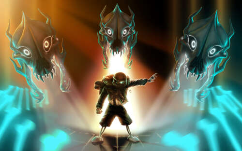 Санс із відеогри Undertale, на зображенні представлено його фірмовий вигляд – скелет,... 7680x4800