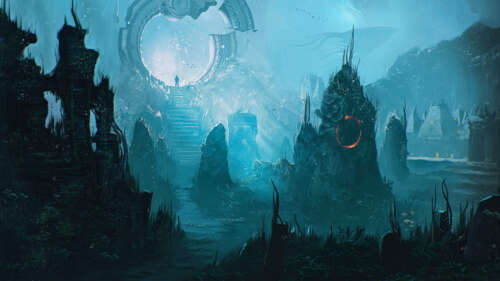 Захопливий підводний вид на стародавні, занедбані кам’яні руїни в глибоких водах,... 8K