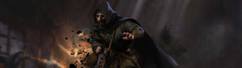 Похмурий воїн у важких обладунках стоїть у темному коридорі підземелля, освітленому...