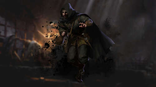 Похмурий воїн у важких обладунках стоїть у темному коридорі підземелля, освітленому... 8K