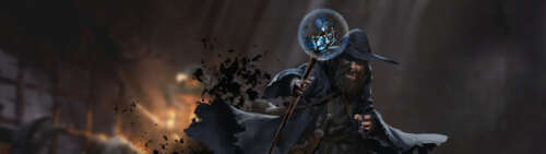 Темний чарівник у стилі темного фентезі з гри Dark and Darker, який тримає в руках...