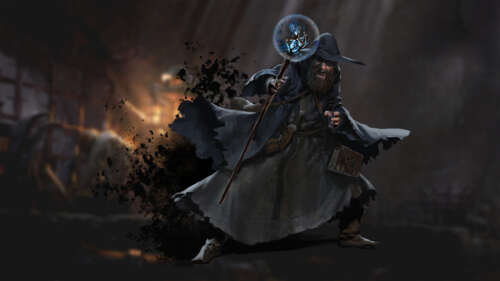 Темний чарівник у стилі темного фентезі з гри Dark and Darker, який тримає в руках... 8K