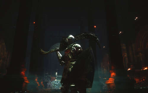 Лицар з Лотріка в важких, пошарпаних у боях обладунках з відеогри Dark Souls III:...