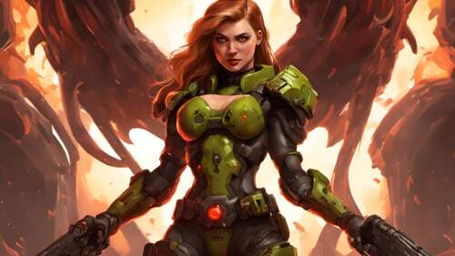 Жінка-воїн у важких бойових обладунках, яка тримає у руках велику вогнепальну зброю... 8K