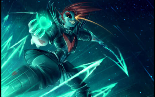 Андайн, Незламна, з гри Undertale, у обладунках, з червоним волоссям і символом у... 7680x4800