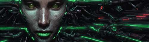 Детальний біомеханічний образ Шодан із гри System Shock, на якому зображено мерехтливі...