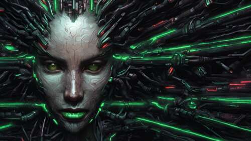 Детальний біомеханічний образ Шодан із гри System Shock, на якому зображено мерехтливі... 8K