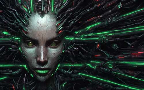 Детальний біомеханічний образ Шодан із гри System Shock, на якому зображено мерехтливі... 7680x4800