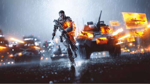 Важкий військовий танк пересувається по задимленій, заваленій уламками території... 8K