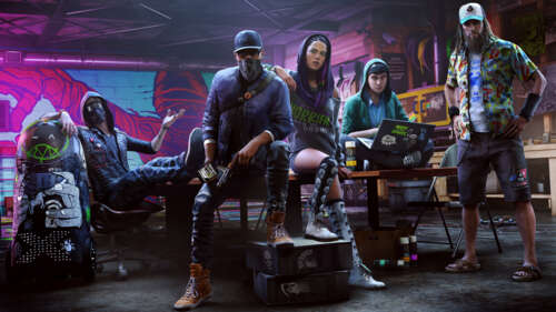 Маркус Голлоуей з відеогри Watch Dogs 2 у високотехнологічному міському середовищі.