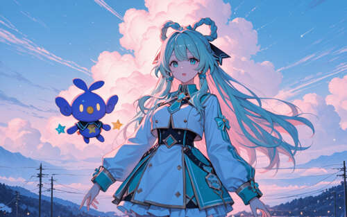 Аніме-дівчина з довгим світло-блакитним волоссям, зібраним у два пучки, стоїть перед... Телефон