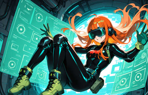 Ілюстрація в стилі аніме, на якій зображено Футабу Сакуру з гри Persona 5, що ширяє...