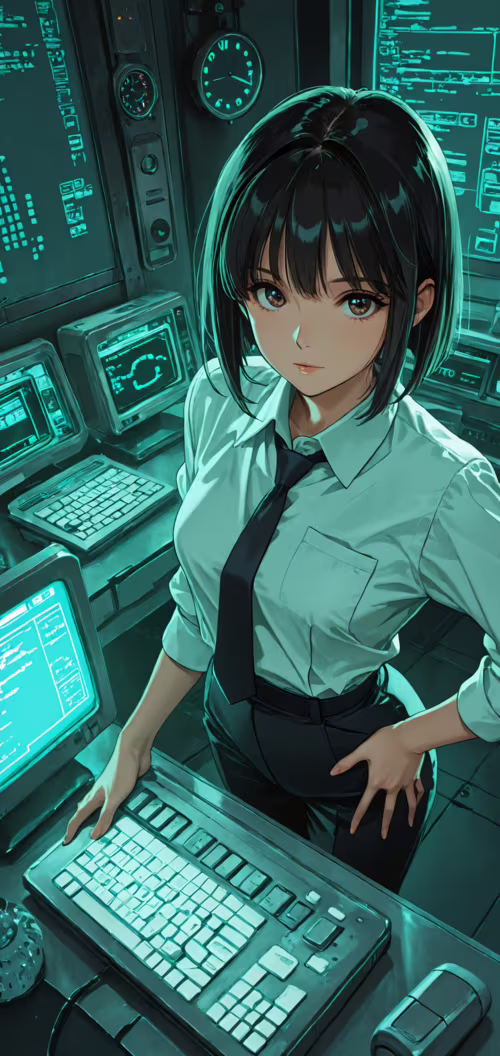 Ілюстрація в стилі аніме, на якій зображено молоду жінку з короткою чорною зачіскою...