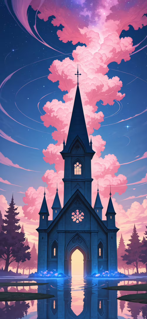Цифрова ілюстрація у жанрі фентезі, що зображує похмурий готичний собор на березі... Honor 50 Pro