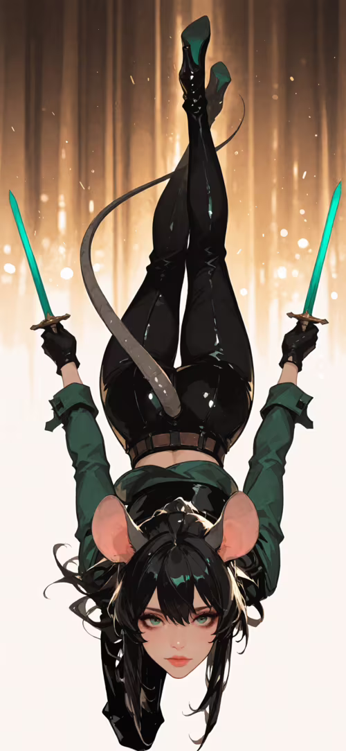 Аніме-персонажка, дівчина з чорним волоссям, зеленими очима, великими мишачими вушками...