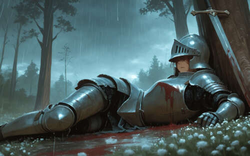 Повалений лицар у повній металевій броні лежить на землі на лісовій галявині, де... Телефон