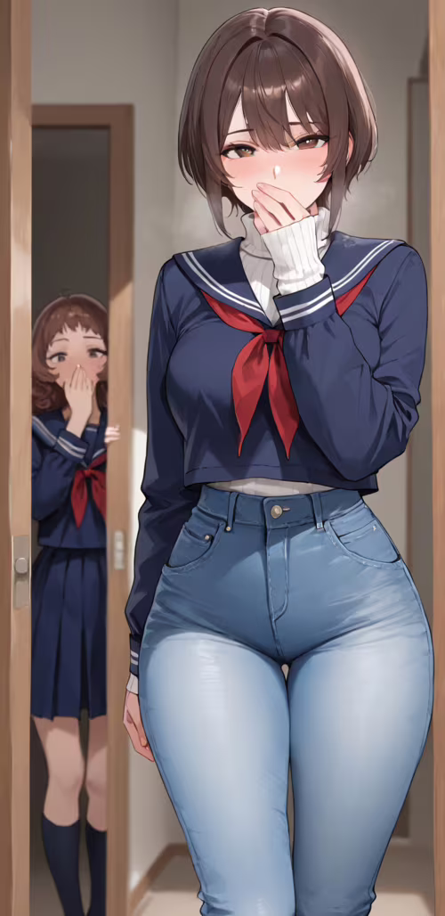 Дівчина в стилі аніме з короткою каштановою зачіскою, одягнена в білий в’язаний светр... Samsung Galaxy J6