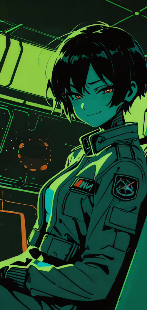 Ілюстрація в стилі аніме, на якій зображено кіборг-жінку з короткою темною зачіскою,... Oppo A3s