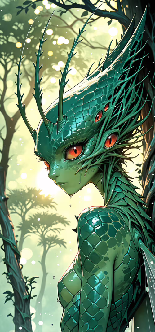 Ілюстрація в стилі аніме, на якій зображено фантастичну істоту жіночої статі в туманному... Samsung Galaxy Note 20 Ultra 5G