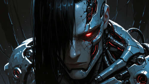 Зображення робота в анфас: білий скелет із червоними очима, що світяться, і пошкодженою... Телефон