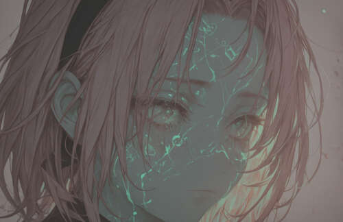 Художній портрет Сакури Харуно з аніме «Наруто» з рожевим волоссям і сяючими зеленими... Телефон