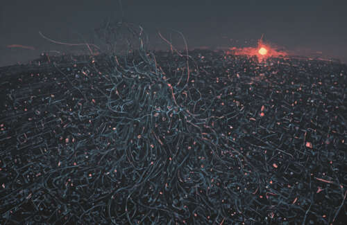 Твір мистецтва в стилі «укійо-е», що зображає неземну істоту, створену з переплетених... Телефон