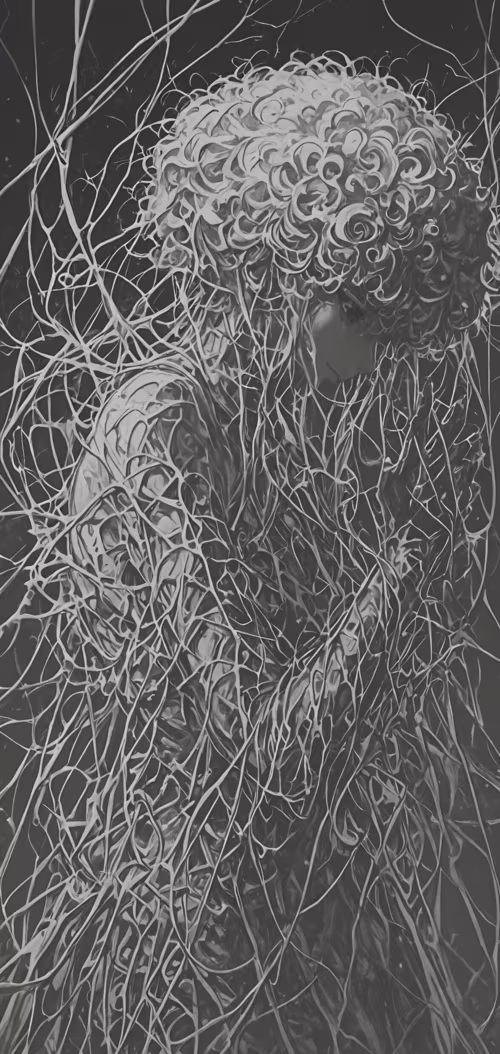 Чорно-біла, надзвичайно деталізована ілюстрація, на якій зображено жінку в профіль....