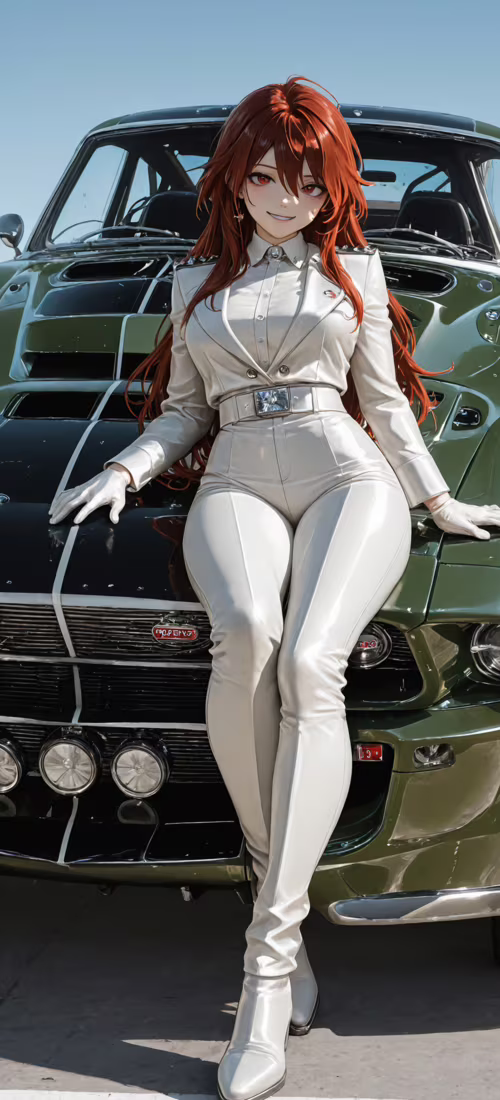 Вид спереду на сильно модифікований вінтажний Ford Mustang глибокого зеленого кольору,...