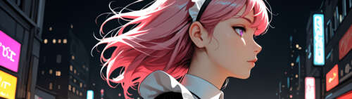 Ілюстрація в стилі аніме, на якій зображено молоду жінку з довгим рожевим волоссям...