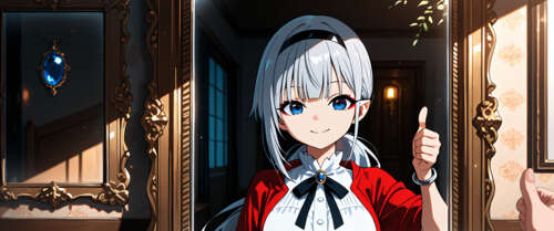 Аніме-дівчина з сріблястим волоссям і загостреними вухами, Хіраґі Попура, посміхається...