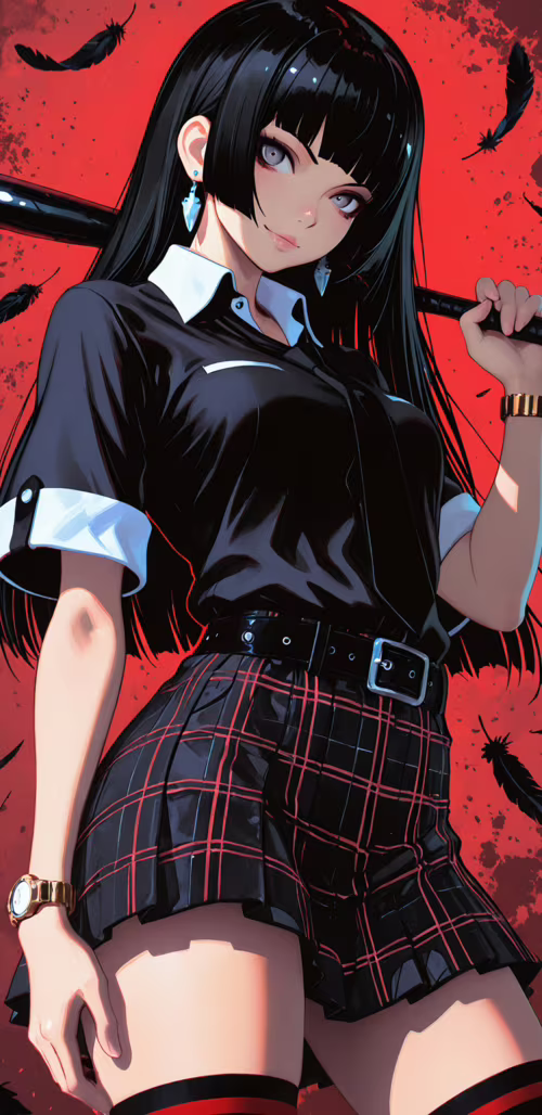 Стильна аніме-дівчина з довгим чорним волоссям і сірими очима тримає на плечі бейсбольну... Samsung Galaxy J6 plus Plus