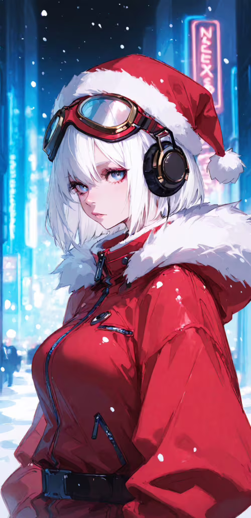 Аніме-дівчина з короткою білою зачіскою та червоними очима, на ній червоний святковий...